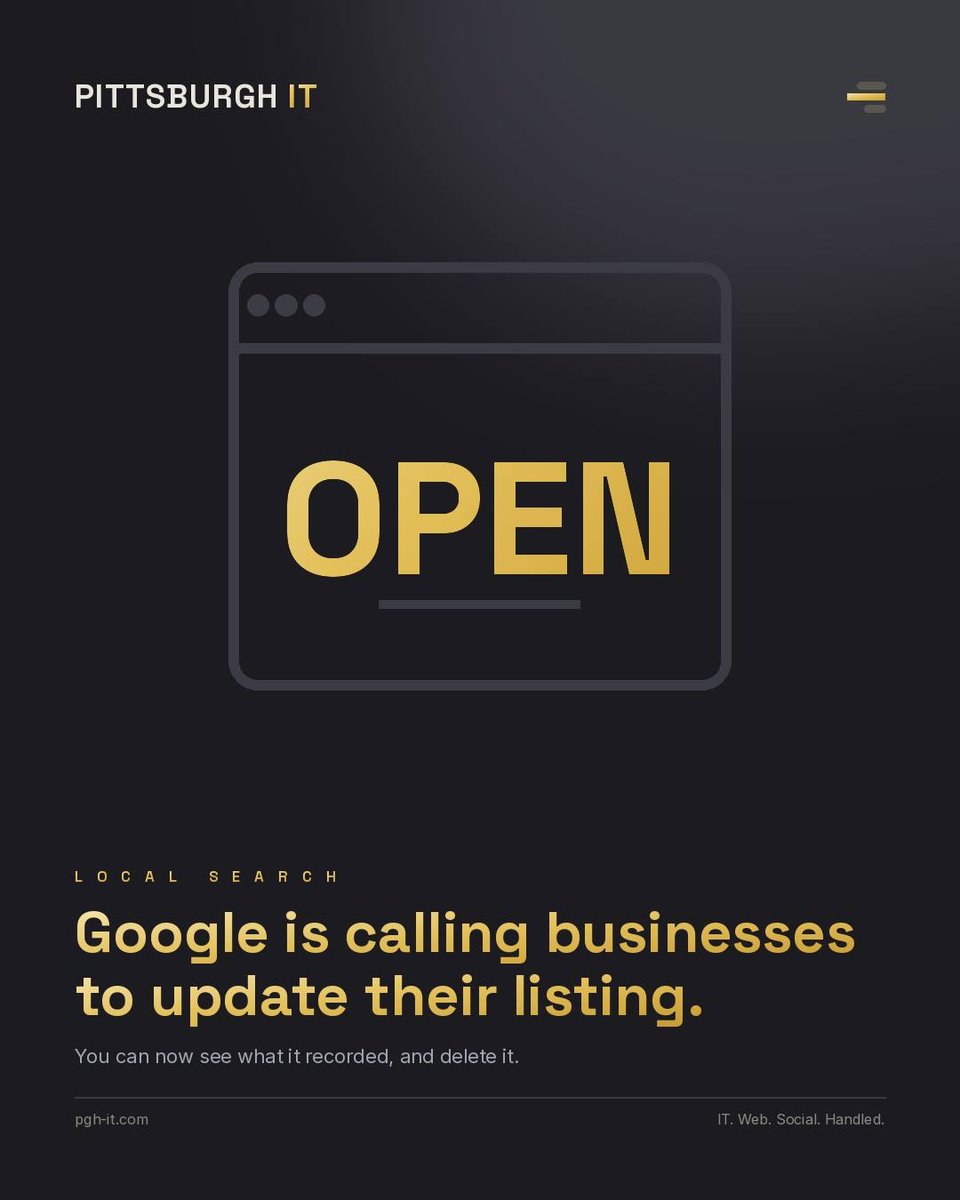 Instagram post, 9 Aug 2026: &ldquo;Google is calling businesses to update their listing&rdquo; &mdash; a browser window reading OPEN on a dark navy card.
