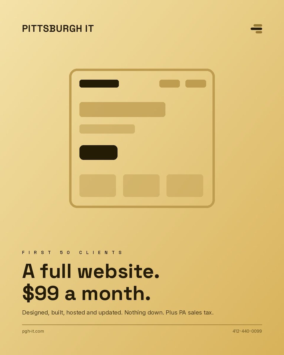 Instagram post, 7 Aug 2026: &ldquo;A full website. $99 a month.&rdquo; &mdash; a cream and gold card with a simple page wireframe.