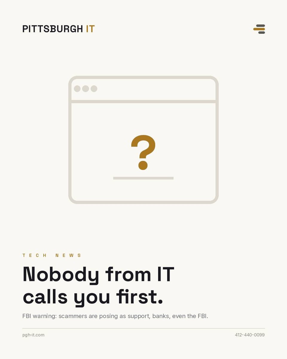 Instagram post, 6 Aug 2026: &ldquo;Nobody from IT calls you first.&rdquo; &mdash; a white card with a browser window holding a question mark.