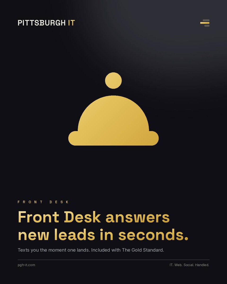 Instagram post, 5 Aug 2026: &ldquo;Front Desk answers new leads in seconds.&rdquo; &mdash; a gold service bell on a dark navy card.