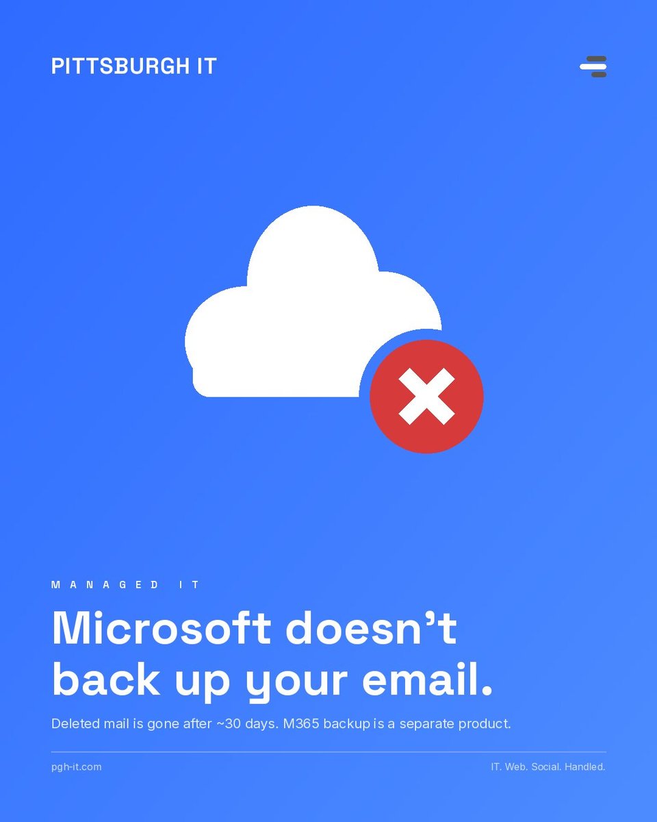 Instagram post, 4 Aug 2026: &ldquo;Microsoft doesn&rsquo;t back up your email.&rdquo; &mdash; a cloud icon with a red cross on a bright blue card.