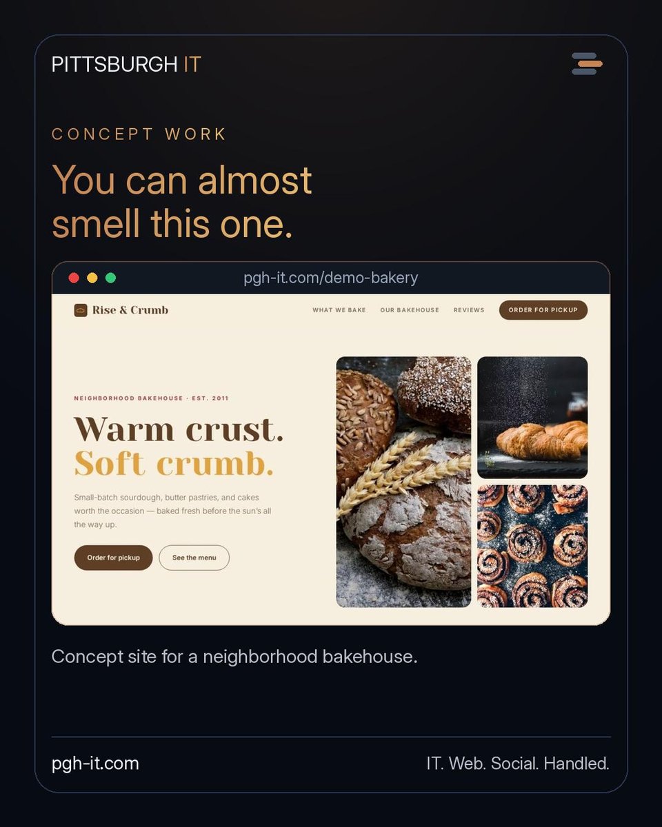 Instagram post, 1 Aug 2026: &ldquo;You can almost smell this one.&rdquo; &mdash; a concept bakery website shown on a dark card.