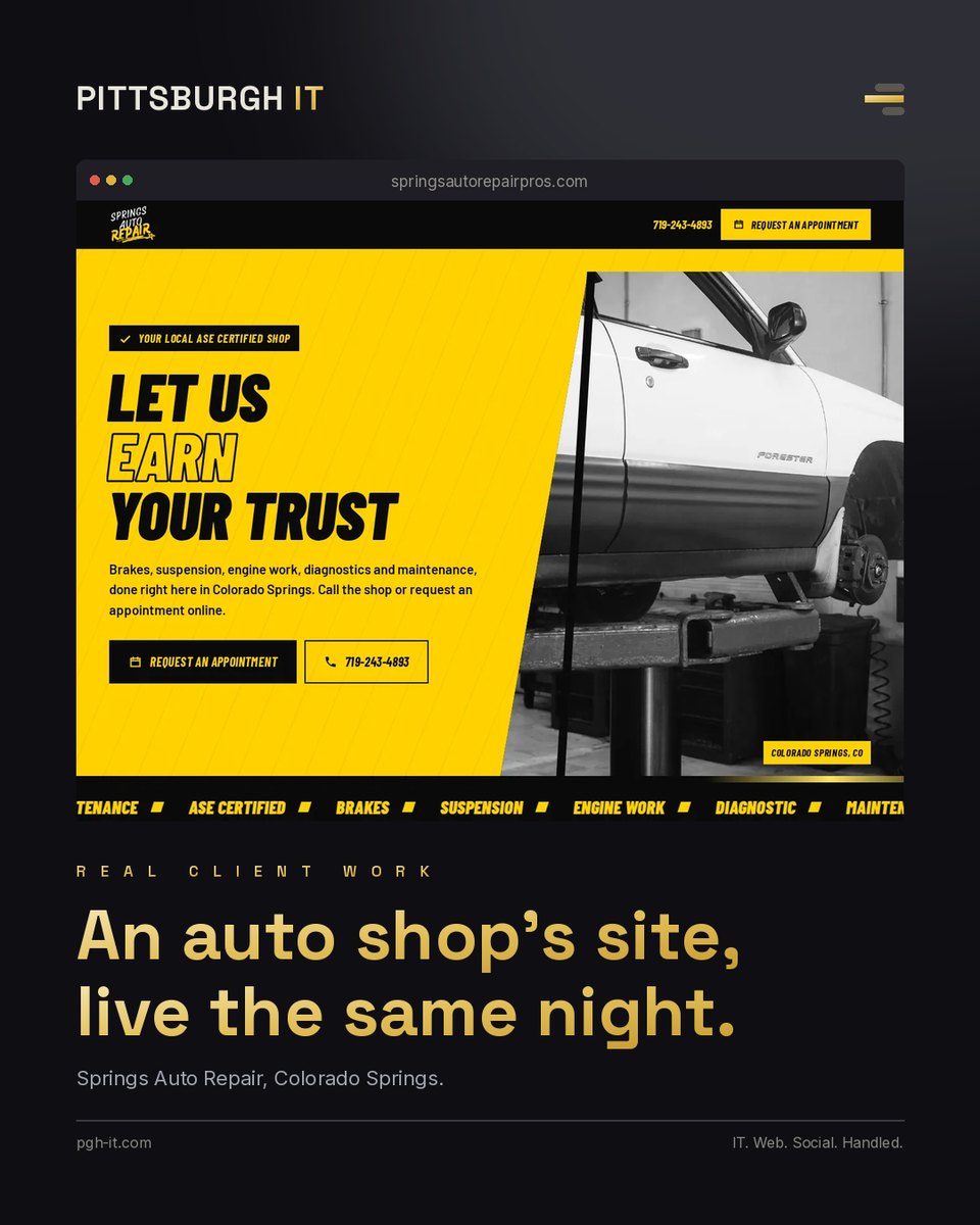 Instagram post, 12 Oct 2026: &ldquo;An auto shop&rsquo;s site, live the same night.&rdquo; &mdash; Springs Auto Repair&rsquo;s new website.